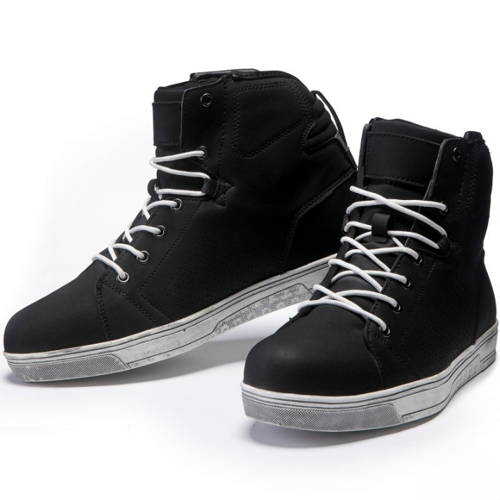 Men’s Stealth Black Leather Motorcycle Sneakers – Reinforced Urban Riding Boots