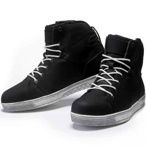 Men’s Stealth Black Leather Motorcycle Sneakers – Reinforced Urban Riding Boots