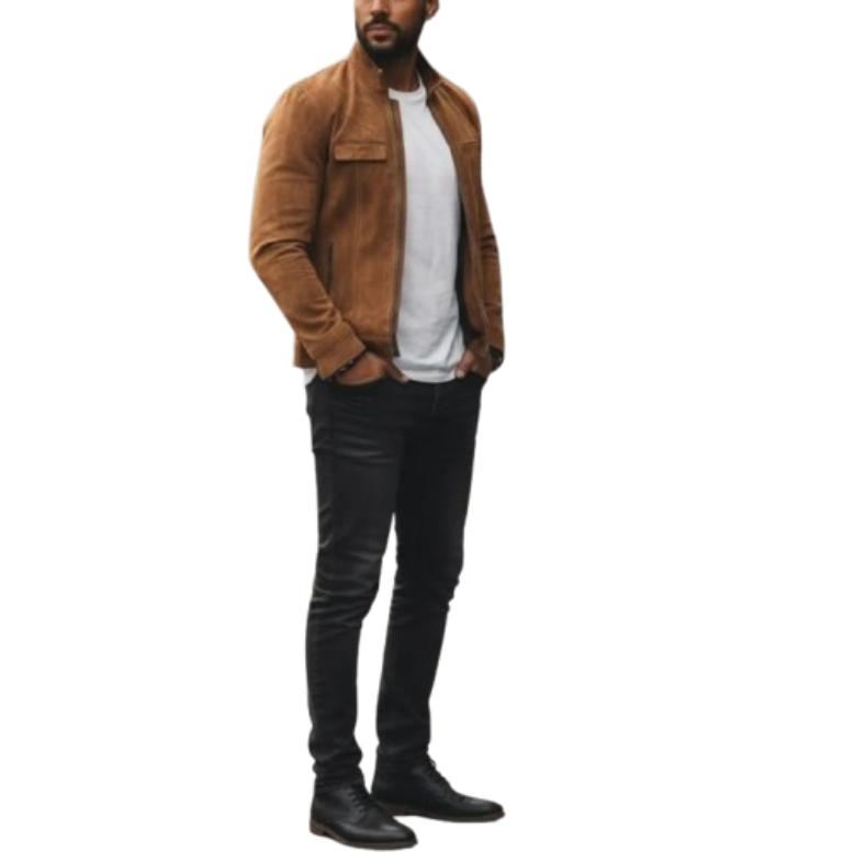 Men’s Tan Suede Bomber Jacket | Handmade Slim Fit Genuine Leather Outerwear