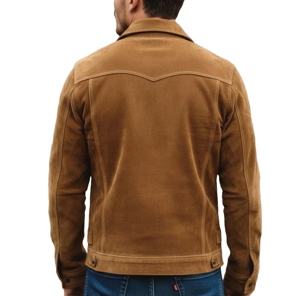Men’s Tan Suede Leather Trucker Jacket | Handmade Vintage Western Outerwear