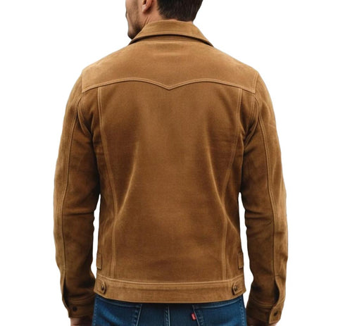 Men’s Tan Suede Leather Trucker Jacket | Handmade Vintage Western Outerwear
