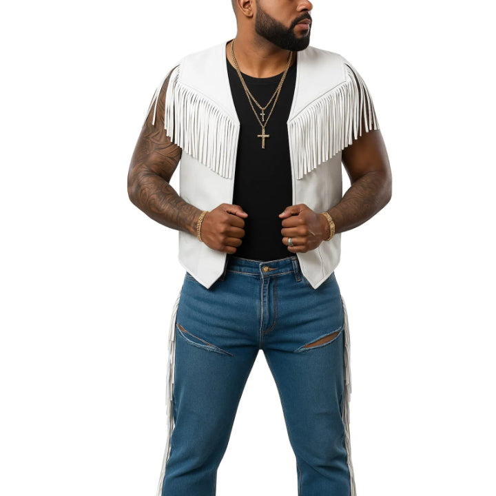 Men’s White Leather Fringe Vest | Western Cowboy Rodeo Waistcoat 