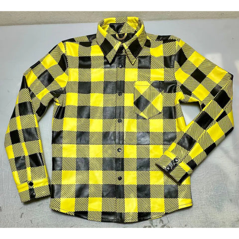 Men’s Yellow Black Plaid Leather Biker
Shirt