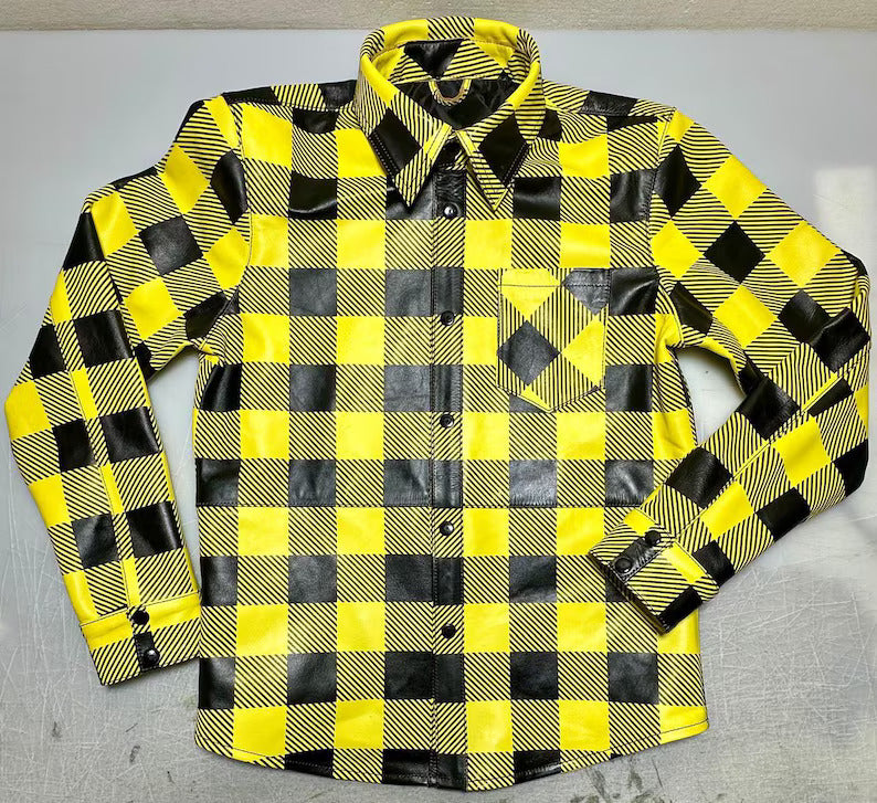Men’s Yellow & Black Plaid Leather Shirt | Handmade Cowhide Biker Streetwear