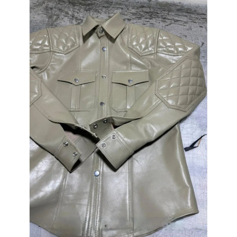 Men’s Premium Beige Leather Shirt with Quilted Shoulders – Snap-Button Casual Biker Fashion