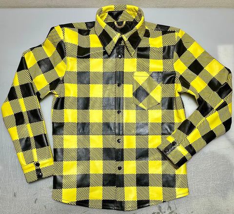 Men’s Yellow & Black Plaid Leather Shirt | Handmade Cowhide Biker Streetwear