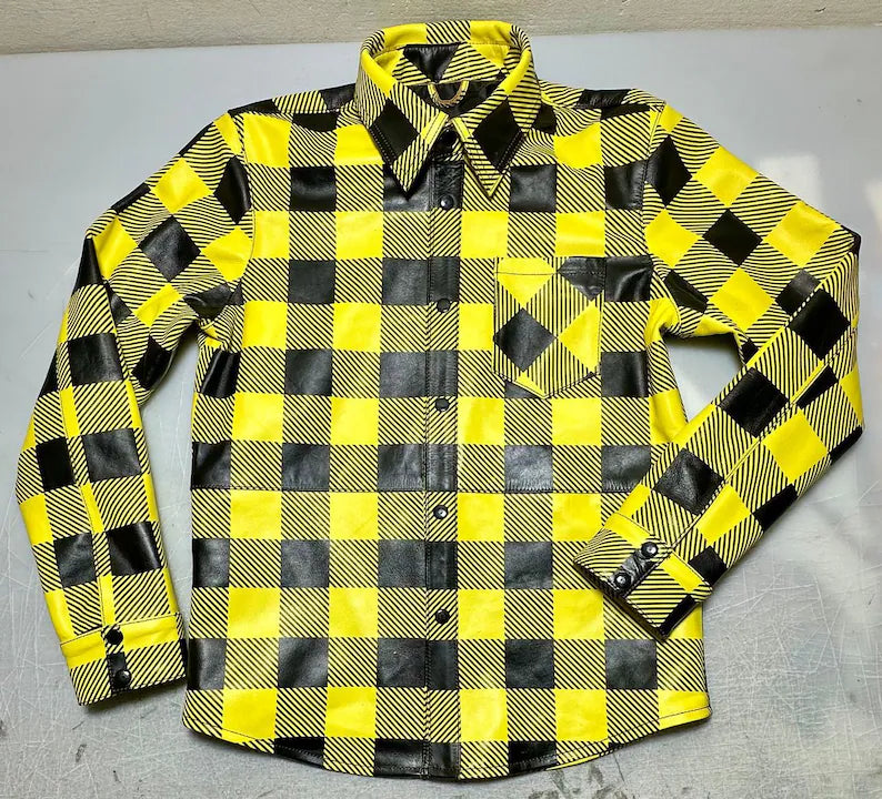 Men's Yellow and Black Plaid Checkered Cowhide Leather Shirt – Handmade Streetwear Biker Shirt, Best Gift for Him