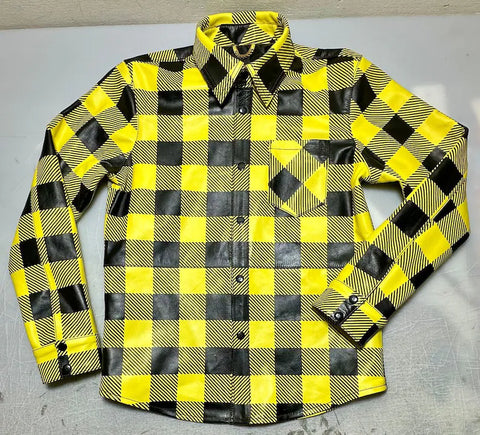 Men's Yellow and Black Plaid Checkered Cowhide Leather Shirt – Handmade Streetwear Biker Shirt, Best Gift for Him