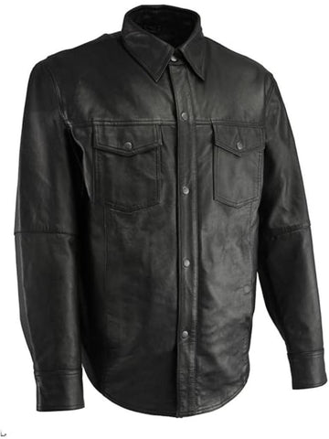 Men’s black lightweight leather shirt with snap-front closure. Perfect casual biker outerwear crafted from genuine leather for comfort, style, and durability.