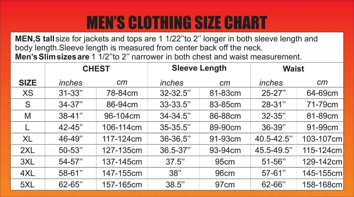 Men's clothing size chart on a red background