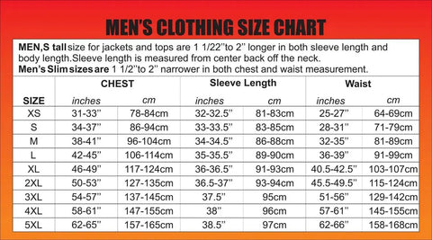 Men's clothing size chart on a red background