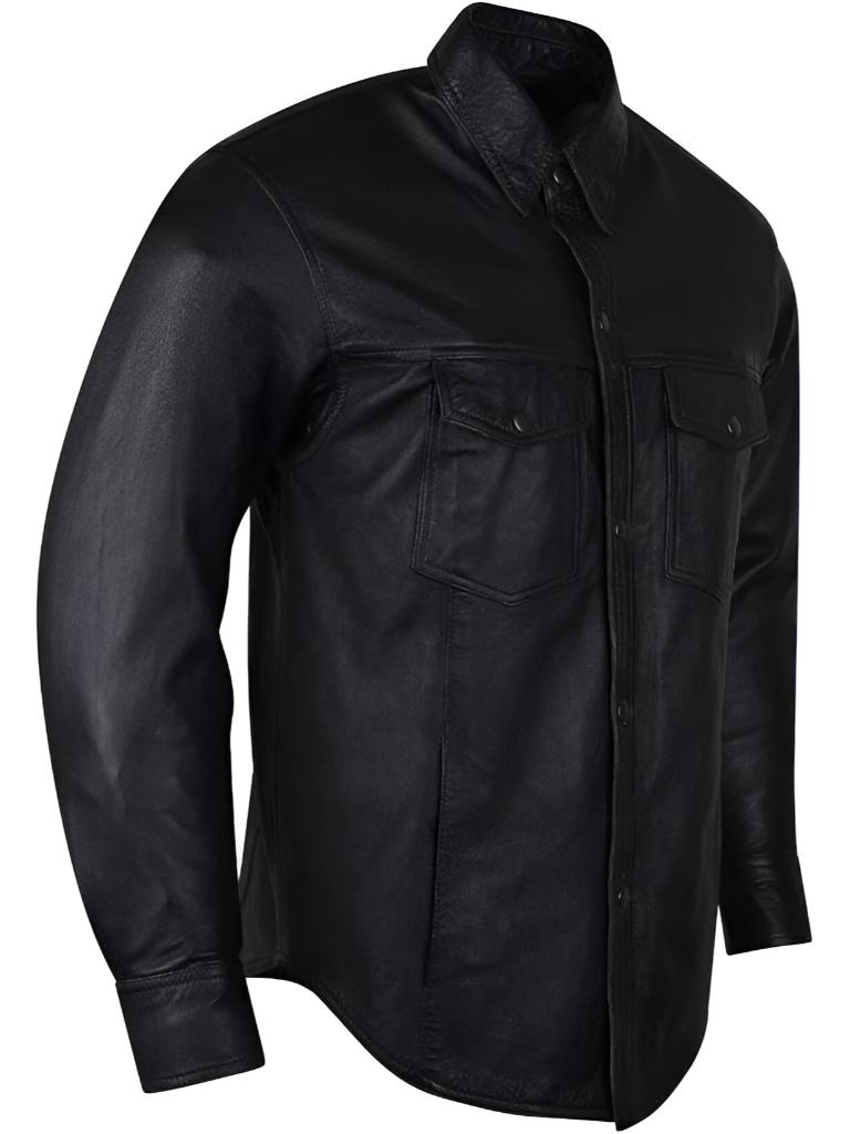 Men’s premium black cowhide leather biker shirt with concealed carry pockets. Durable motorcycle gear offering protection, comfort, and classic biker style.
