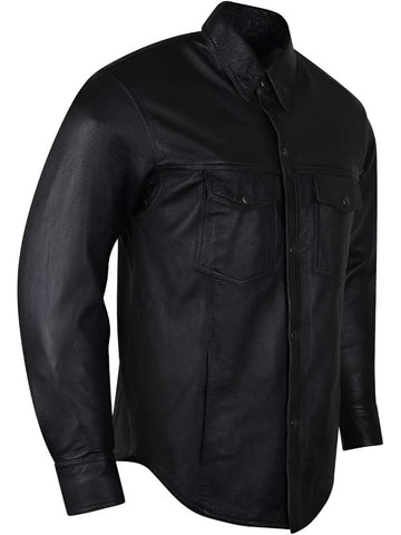 Men’s premium black cowhide leather biker shirt with concealed carry pockets. Durable motorcycle gear offering protection, comfort, and classic biker style.