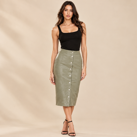 Olive Green Genuine Leather Button-Front Midi Skirt