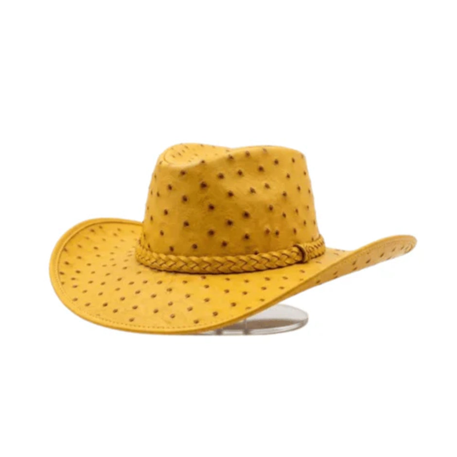 Mustard Yellow Ostrich Embossed Leather Cowboy Hat Western Rodeo Ranch Wide Brim Country Style