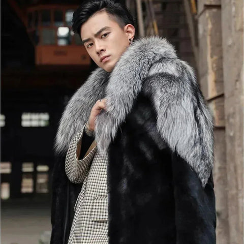 Luxury Men’s Black Faux Fur Trench Coat with Silver Fox Collar