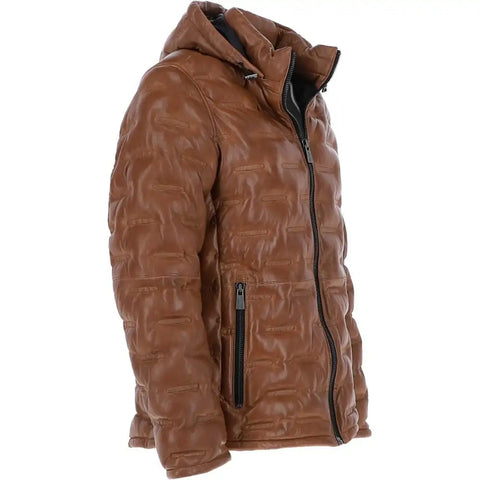 Men Real Leather Hooded Jacket – Brown Quilted Winter Puffer Leather Coat