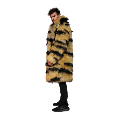 Men’s Abstract Tiger Faux Fur Coat – Bold Festival Duster Jacket