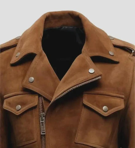 Men’s Brown Suede Leather Biker Jacket | Handmade Vintage Moto Coat | Genuine Suede Belted Outerwear with Viscose Lining