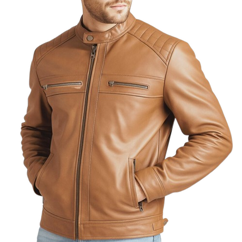 Men’s Brown Leather Jacket – 100% Genuine Leather Moto Bomber Motorcycle Coat