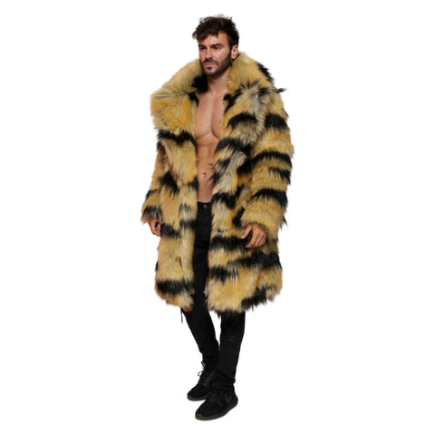 Men’s Abstract Tiger Faux Fur Coat – Bold Festival Duster Jacket