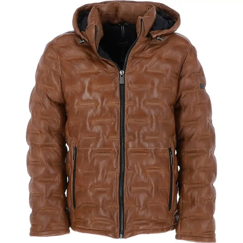 Men Real Leather Hooded Jacket – Brown Quilted Winter Puffer Leather Coat