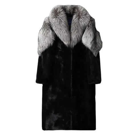 Luxury Men’s Black Faux Fur Trench Coat with Silver Fox Collar