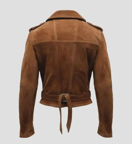 Men’s Brown Suede Leather Biker Jacket | Handmade Vintage Moto Coat | Genuine Suede Belted Outerwear with Viscose Lining