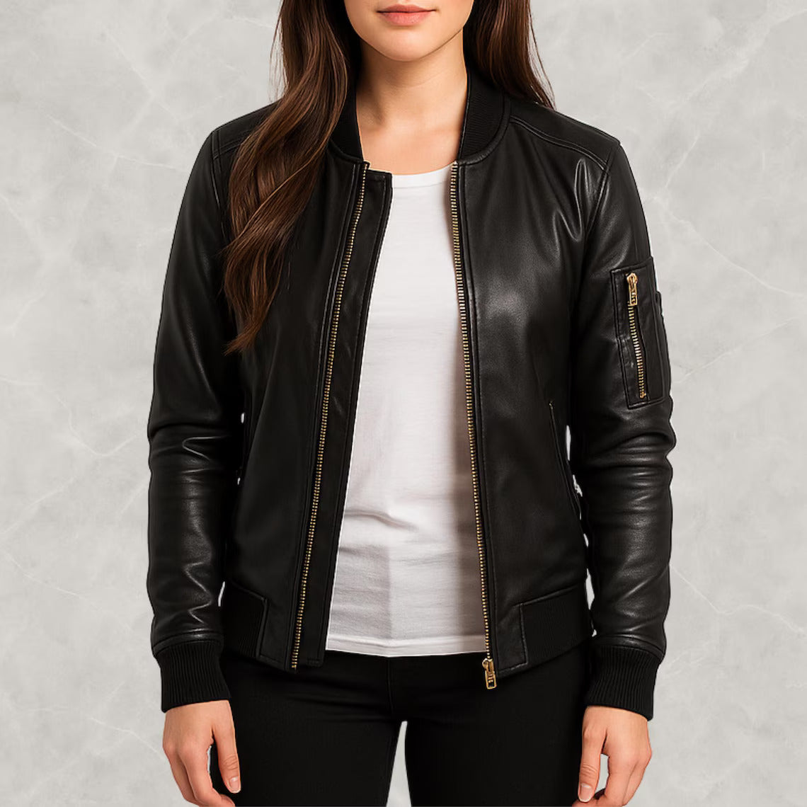Women’s Genuine Lambskin Leather Bomber Jacket – Premium Black Leather Biker Jacket