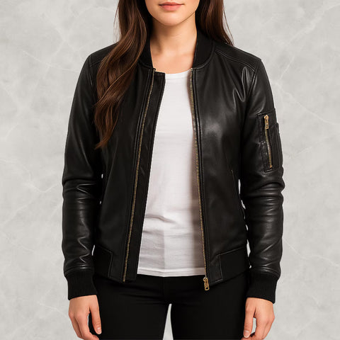 Women’s Genuine Lambskin Leather Bomber Jacket – Premium Black Leather Biker Jacket