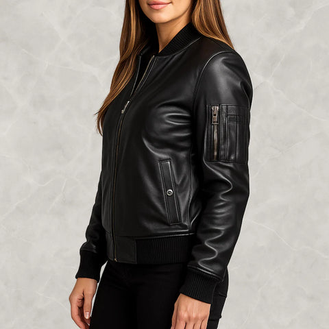 Women’s Genuine Lambskin Leather Bomber Jacket – Premium Black Leather Biker Jacket