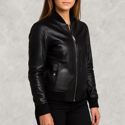 Women’s Genuine Lambskin Leather Bomber Jacket – Premium Black Leather Biker Jacket