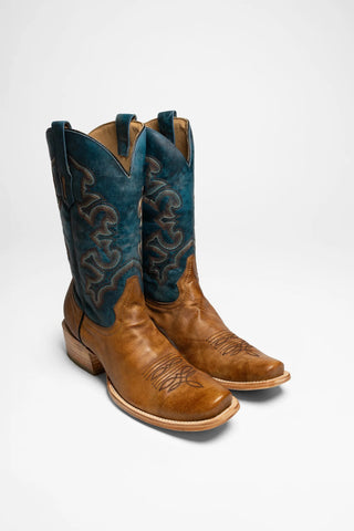 Navy Blue & Sand Embroidered Cowboy Boots  Square Toe Western Boots
