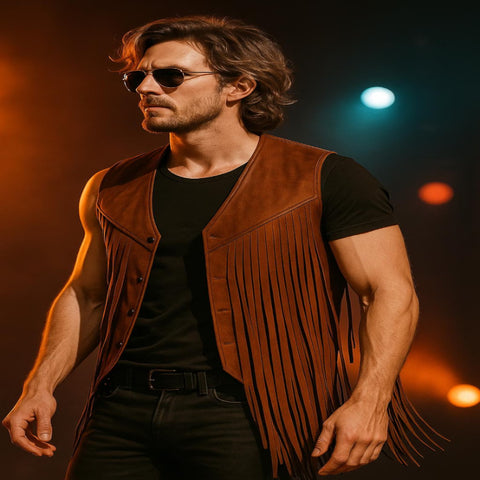 Handmade Brown Leather Fringe Vest for Men – Western Cowboy & Rock Stage Waistcoat