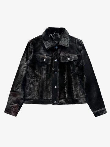 Men’s Black Cowhide Leather Jacket – Genuine Fur Finish | Handmade Luxury Outerwear | Classic Warm Winter Coat for Casual & Formal Wear