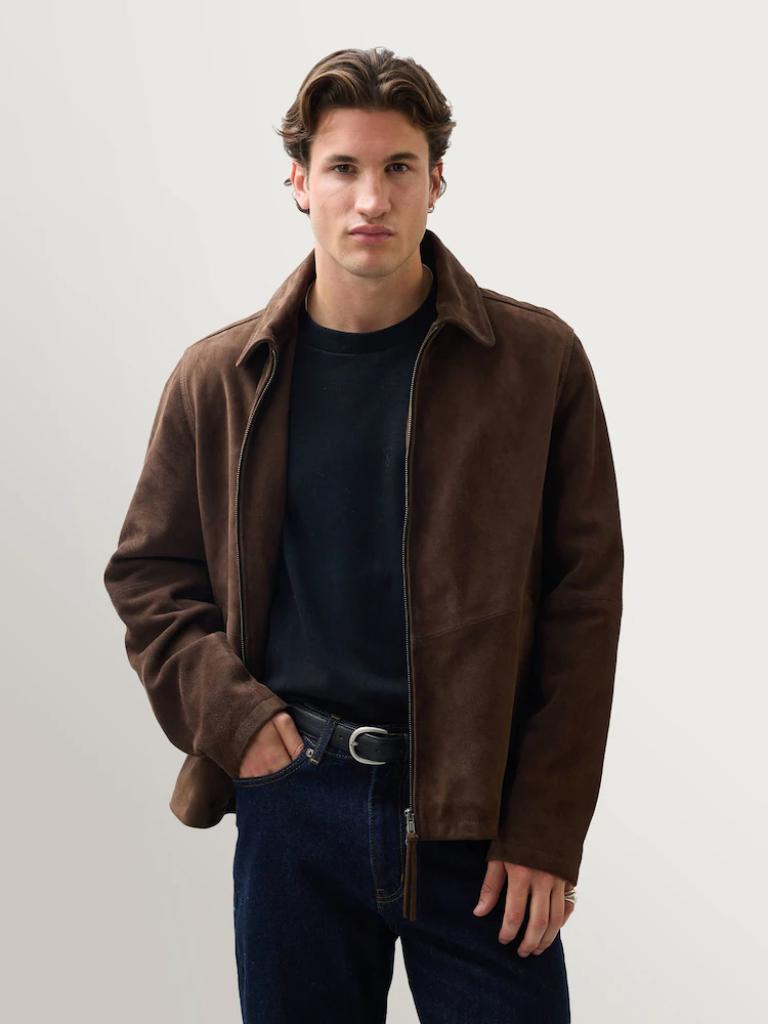 Men’s Brown Suede Leather Jacket | Classic Harrington Style Zip-Up | Handmade Genuine Suede Outerwear | Minimal Vintage Fit