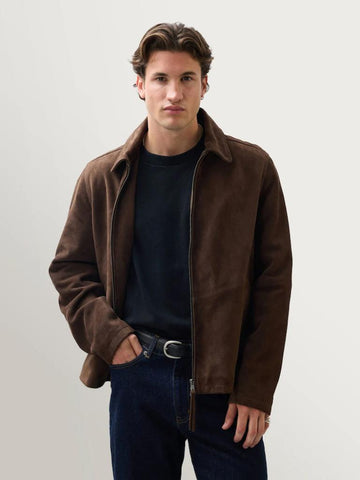 Men’s Brown Suede Leather Jacket | Classic Harrington Style Zip-Up | Handmade Genuine Suede Outerwear | Minimal Vintage Fit