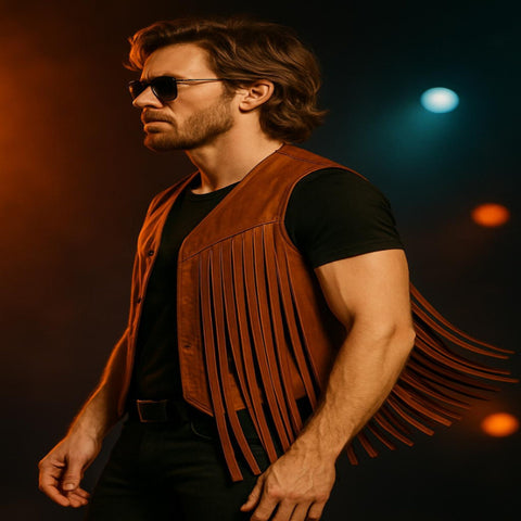 Handmade Brown Leather Fringe Vest for Men – Western Cowboy & Rock Stage Waistcoat