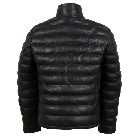 Men Real Leather Puffer Jacket – Black Quilted Winter Coat