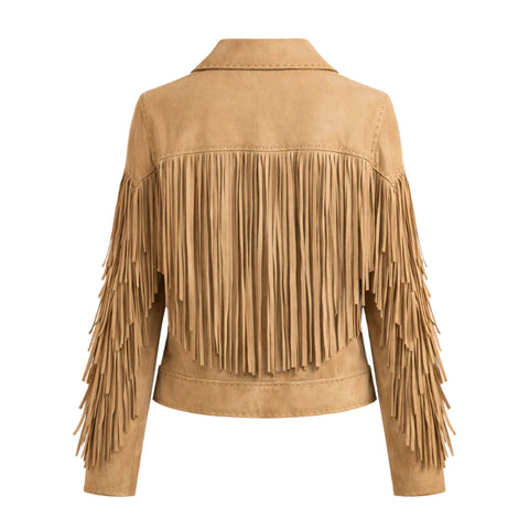 Women Real Suede Fringe Jacket Tan Western Cowgirl Leather Jacket Vintage Tassel Coat