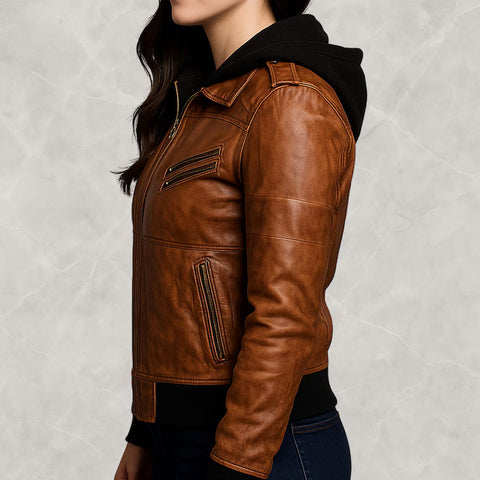 Women’s Brown Real Leather Jacket | Classic Bomber Moto Style with Removable Hood