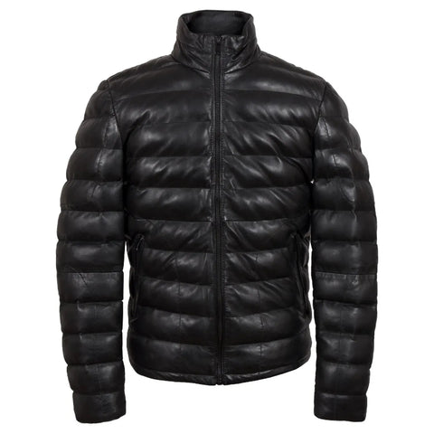 Men Real Leather Puffer Jacket – Black Quilted Winter Coat