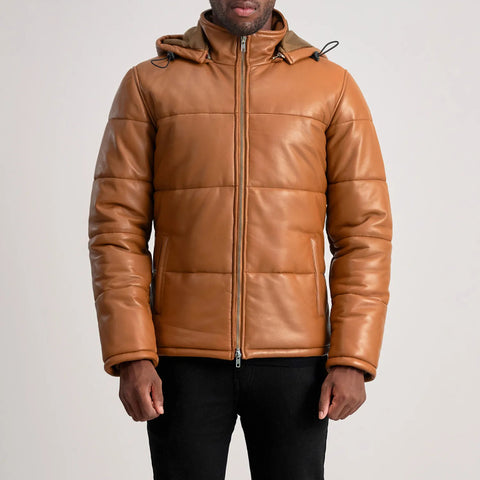 Men Real Leather Puffer Jacket Brown Hooded Genuine Leather Winter Puffer Coat
