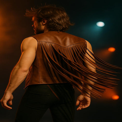 Handmade Brown Leather Fringe Vest for Men – Western Cowboy & Rock Stage Waistcoat