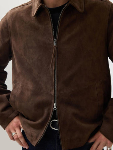 Men’s Brown Suede Leather Jacket | Classic Harrington Style Zip-Up | Handmade Genuine Suede Outerwear | Minimal Vintage Fit