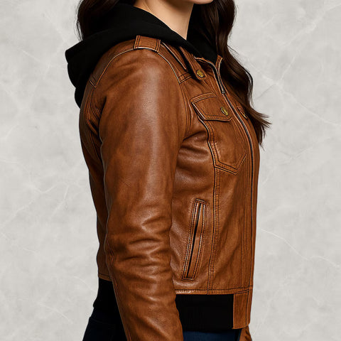 Women’s Brown Real Leather Jacket | Classic Bomber Moto Style with Removable Hood