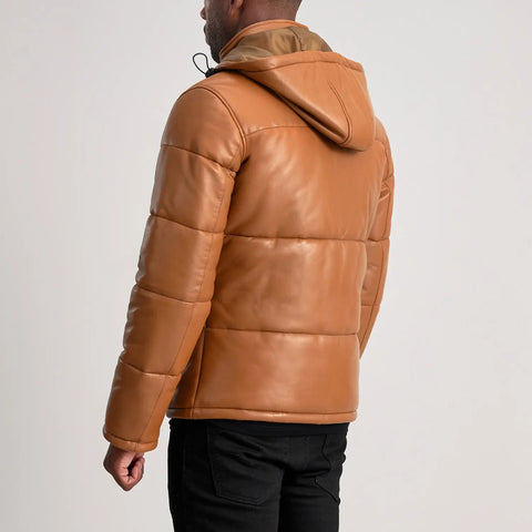 Men Real Leather Puffer Jacket Brown Hooded Genuine Leather Winter Puffer Coat