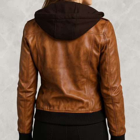 Women’s Brown Real Leather Jacket | Classic Bomber Moto Style with Removable Hood