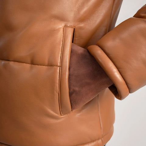 Men Real Leather Puffer Jacket Brown Hooded Genuine Leather Winter Puffer Coat