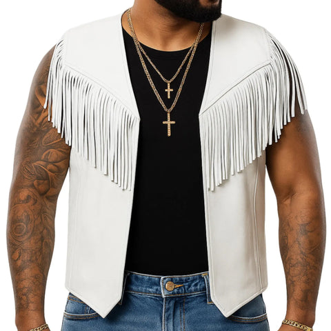 Men’s White Leather Fringe Vest – Western Cowboy Rodeo Waistcoat | Country Festival Outfit